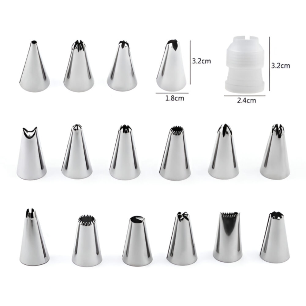 Cake Decorating Nozzle Set – 23 Stainless Steel Tips + Adaptor (1 Set)