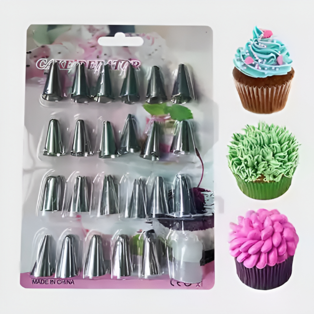 Cake Decorating Nozzle Set – 23 Stainless Steel Tips + Adaptor (1 Set)