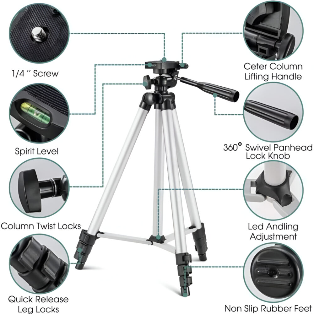 3110 tripod stand with adjustable height and universal mount.