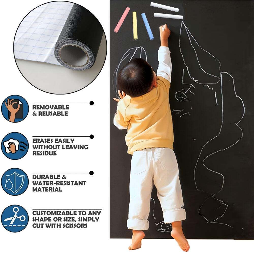 1 pcs Chalkboard Sticker Roll – 2m x 60cm with 5 chalks Reusable Writable Vinyl Sheet