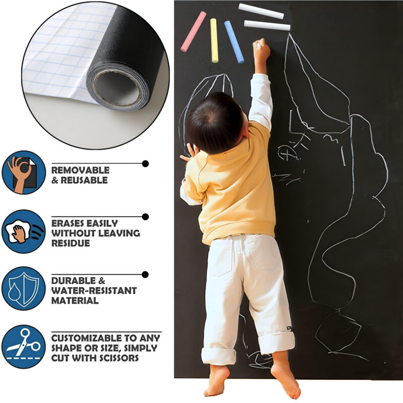 1 pcs Chalkboard Sticker Roll – 2m x 60cm with 5 chalks Reusable Writable Vinyl Sheet